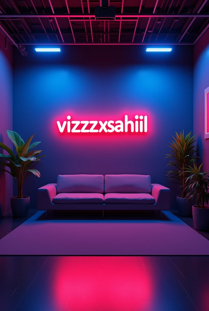 create a  youtube studio background with a modern and sleek design in the centre of background display the name VizZzxSAHiiiL in bright neon light with correct spelling The neon light should be a vibrate colour such a electric blue and red Surround the neon text with subtle complementry lighting  and decor that enhance the studio aesthetic .The overall ambiance should be stylish , professional,and inviting, peefect for a youtube content creator's studio