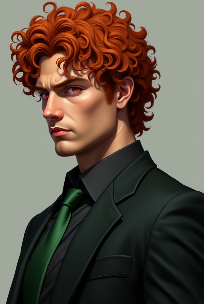Serious 1, curly, red haired guy with red eyes. Standing in profile, and the gaze is directed at the camera. Wearing a black shirt with a green tie, and the suit is unbuttoned on top of the shirt. Realism.