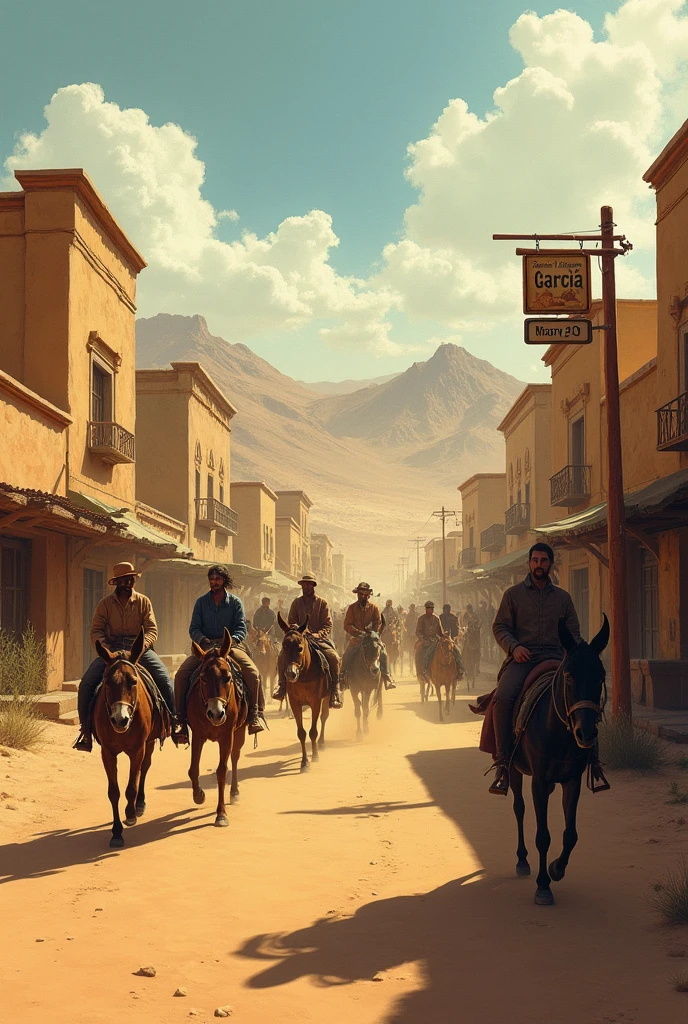 Create an image of a busy road, but instead of cars there are people riding donkeys and put up a sign that says Garcia and it is an abandoned town in the desert