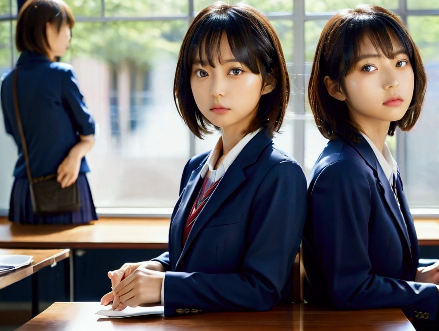 Japanese people studying at their desks,short hair，Navy blue blazer Japanese school uniform,Serious expression,Facing forward,Shooting from the right side,library