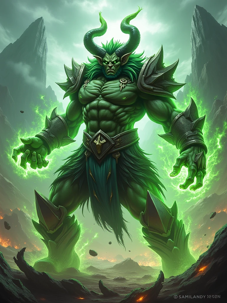 photorealistic of Malfurion Stormrage from World of Warcraft classic in fighting stance hitting his weapon all his ultimate power against his enemies, green pulse and explosion from his weapon, intricate detailed, epic war background, best quality