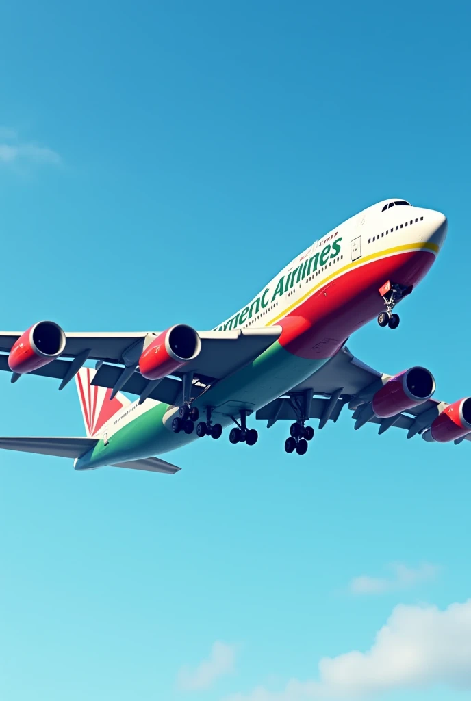 A Boeing 747 with the text “Elyment Airlines” on it and the plane is red white green and blue and is not a cargo