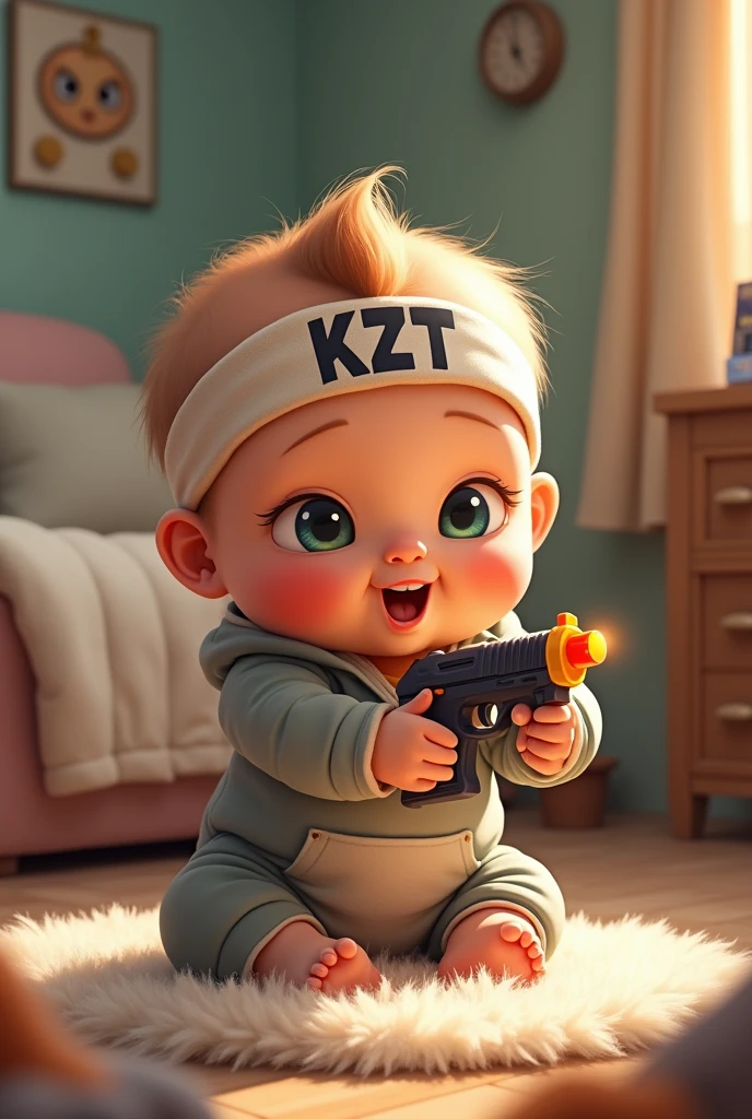 A cute baby is fighting with a gun and a headband that says KZT on it.