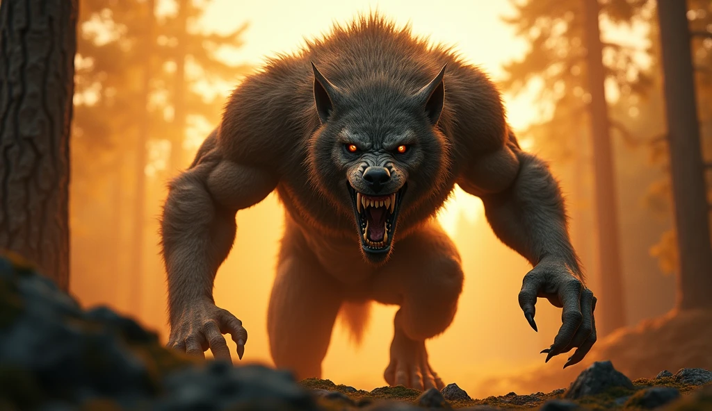 a WEREWOLF, VERY SCARY, LIT WITH SUNLIGHT, ULTRA REALISTIC IMAGE, The style is a realistic photograph using a 50mm lens at 8k and applying contrast, 8K --ar 16:9 --s 1000 --v 6.0
