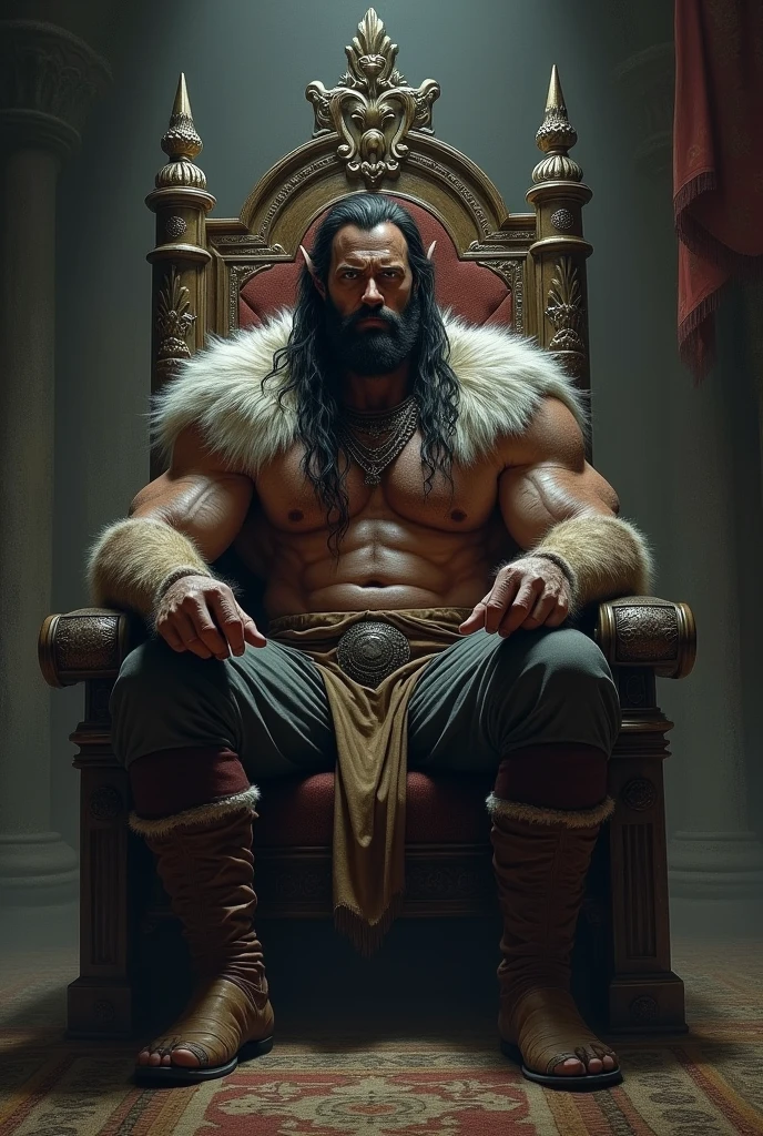 dark fantasy, male, Northerner, with long black hair, strong build, furs on shoulders, naked torso, throne room, face looks like Dwayne Johnson