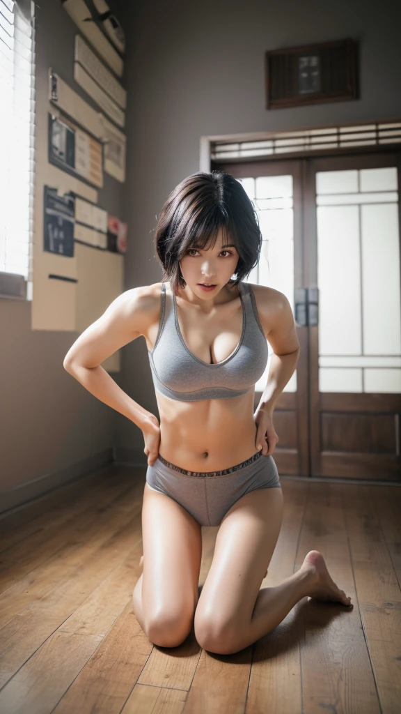 (Best quality, 8k, 32K, Masterpiece, uhd,:1.2), Japanese woman, ultra-detailed face, detailed eyes, highly detailed lips ,BLACK hair, slender figure, 、Room Background、Simple Background、short hair、Anatomically correct, Angry face、barefoot、Wall Background, Bob Hair, Grey underwear、underwear、Grey clothes、Sports Bra、Sports underwear、Natural Feet、白い肌、手を挙げる、手で顔を触る