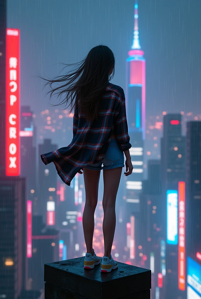 a girl on top of a building wearing jean shorts and a long-range plaid shirt, rainy daytime, dark evening, Neon lights, looking at the cyberpunk city, well-defined lines, Neon lights evidentes