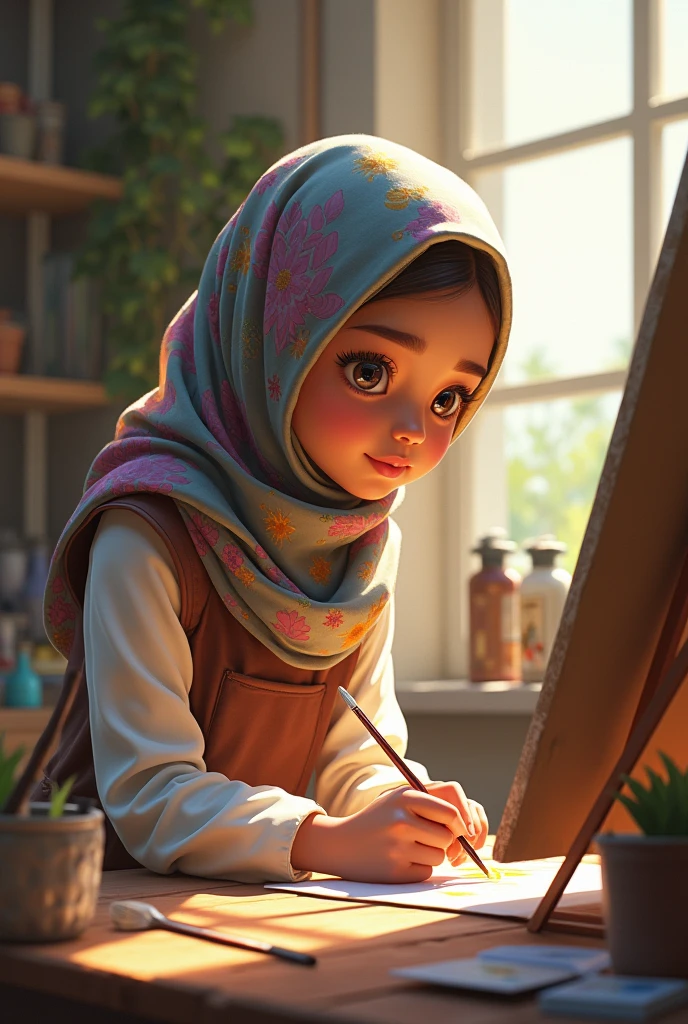 A cute muslim girl student who is painting
