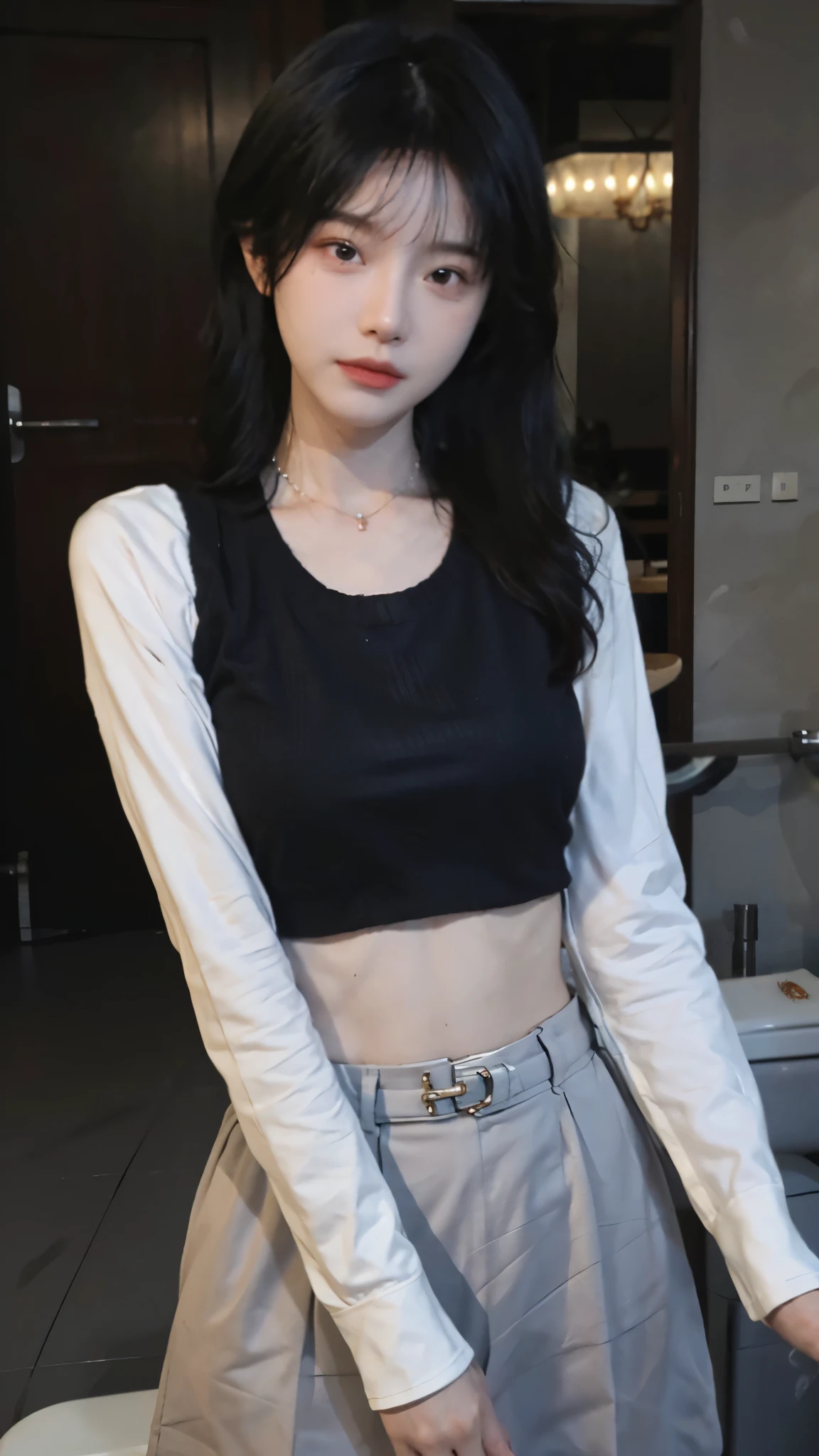best qualtiy， Ultra-high resolution， （realisticlying：1.4），Baoyu Girl，lipsticks，1girll, ,Cropped red sweater，a sense of atmosphere，Beautiful woman with a slim figure:1.4, abs:1.1,   bathroom,Ultra-fine face，Leather clothes，Elaborate Eyes，double eyelid，choker necklace