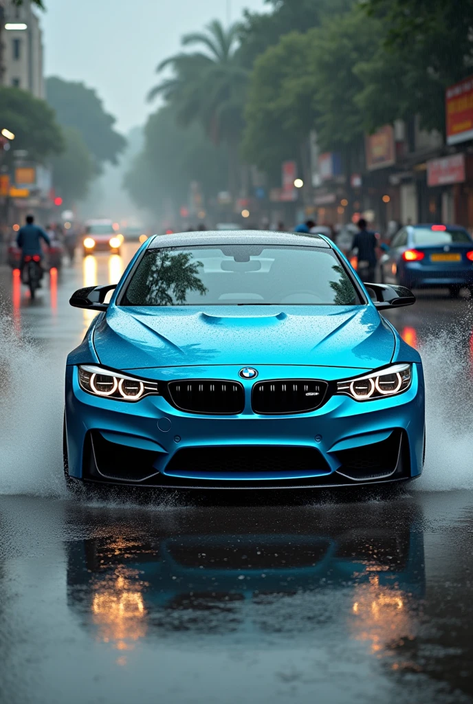 BMW m4 On wet streets  
 cyan colour 
In Surat city 
