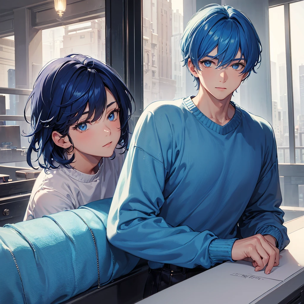 ((best quality)), ((Masterpiece)), (details), 1. A cute man with short, blue hair and blue eyes wearing a light blue sweater.