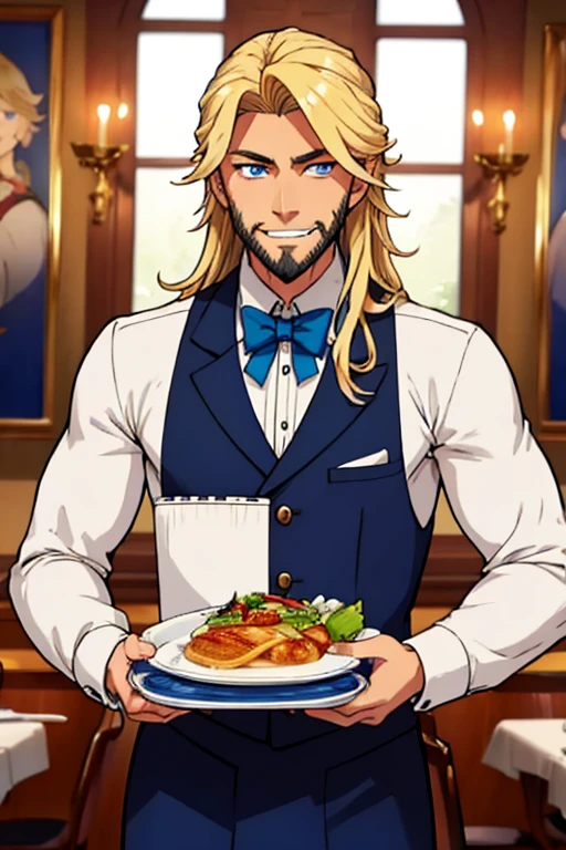 Perfect face. Perfect hands. A muscular blonde haired man with blue eyes and long hair and a dark beard in a butler's uniform is smiling while serving dinner in a fancy butler's cafe