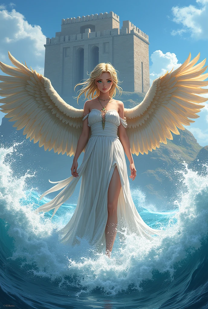 Ancient Greek bird girl frontal standing in front of an ancient citadel waves hitting her (anime)