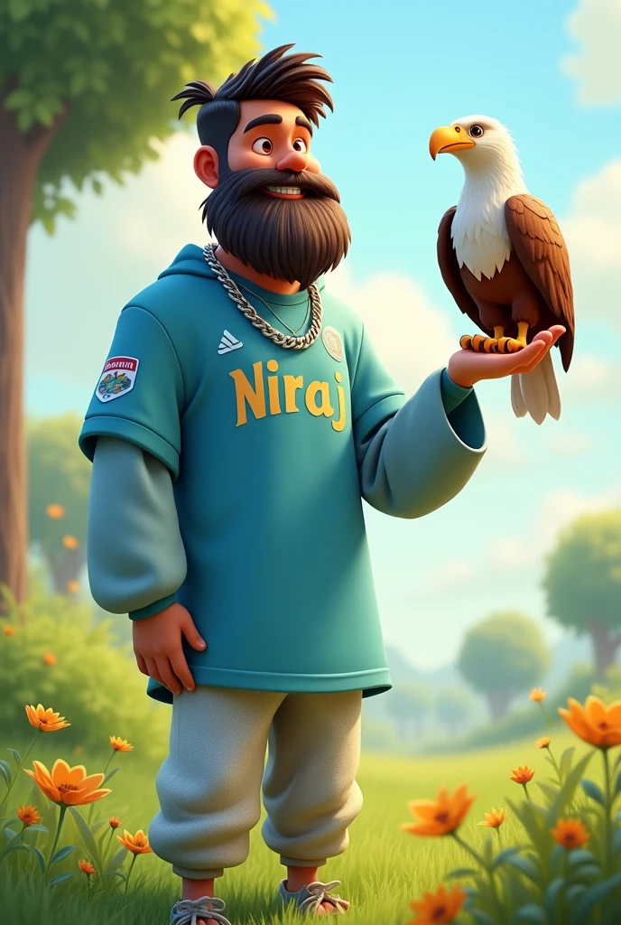 A 3D cartoon of 20 year bearded boy wearing sky colour jersey and silver colour lower, standing in a green field, write Niraj on his dress, wearing a silver chain in his neck, a eagle sitting on his hand