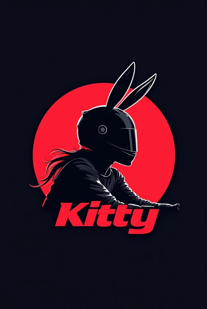 Create a logo that shows a bunny helmet, that girl is a motorcycle racer but her face cannot be seen, it should be a shadow of black and red but the achievement should be round, the image should be round and the letter name in the image should be called kitty