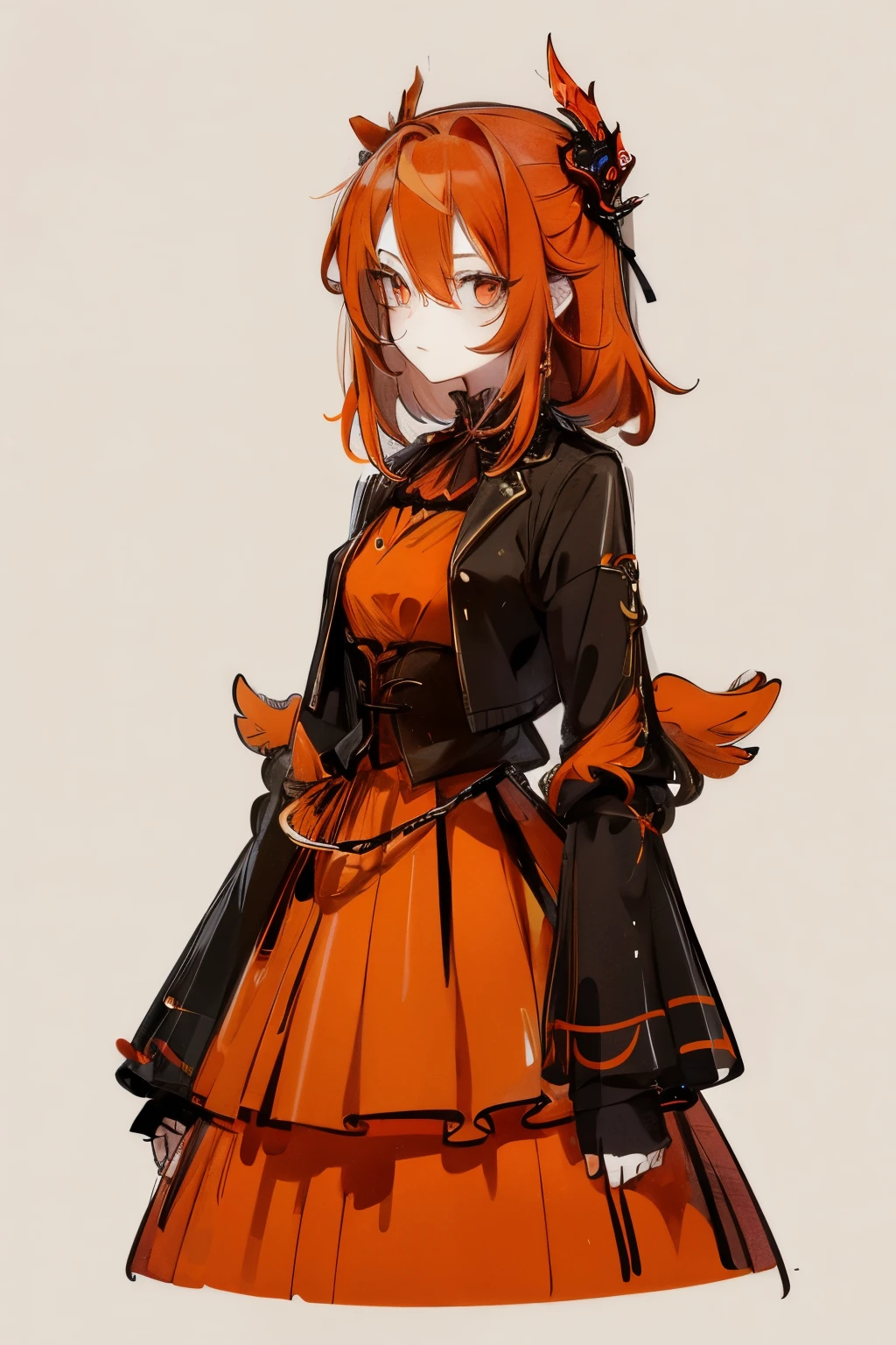 1 Girl, Orange Hair, Red Eyes, skirt, (Solitary:1.3),  