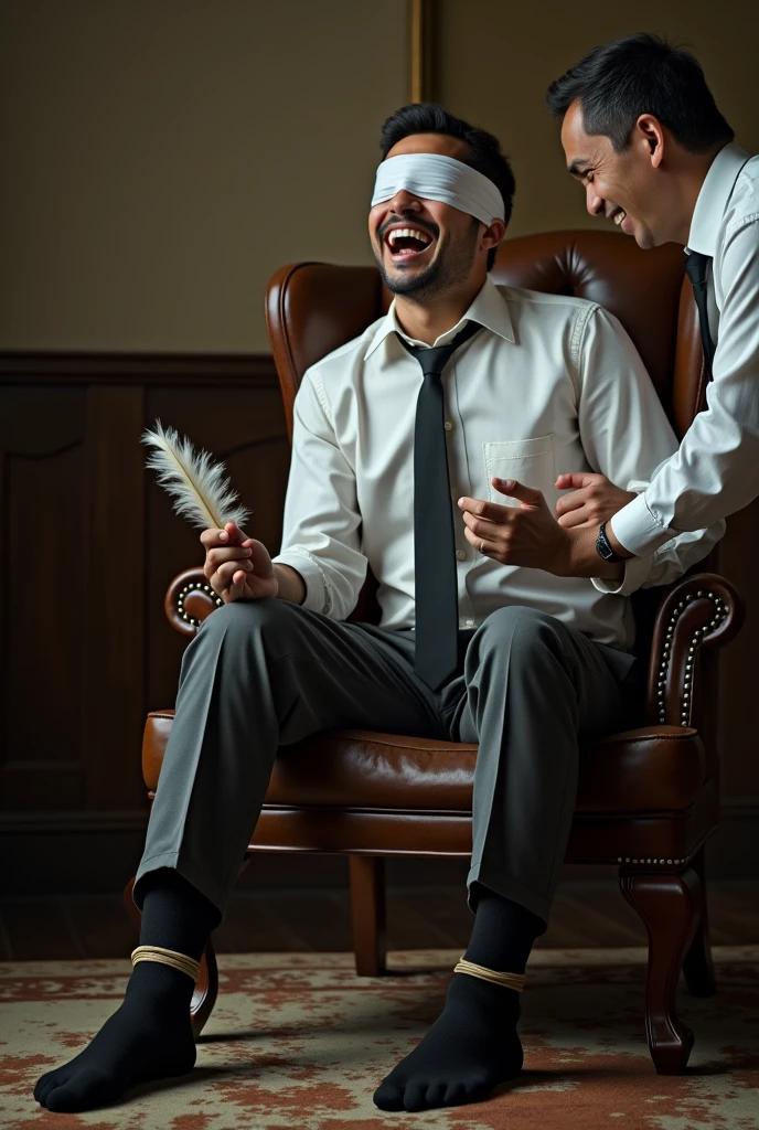 There is a handsome young Malay businessman from Malaysia named Zarul hands,legs with black socks tied with ropes to the chair and eyes covered with cloth A man opened Zarul shoes and tickled Zarul soles with feathers Zarul laughed uncontrollably because his  soles were being tickled by feather duster