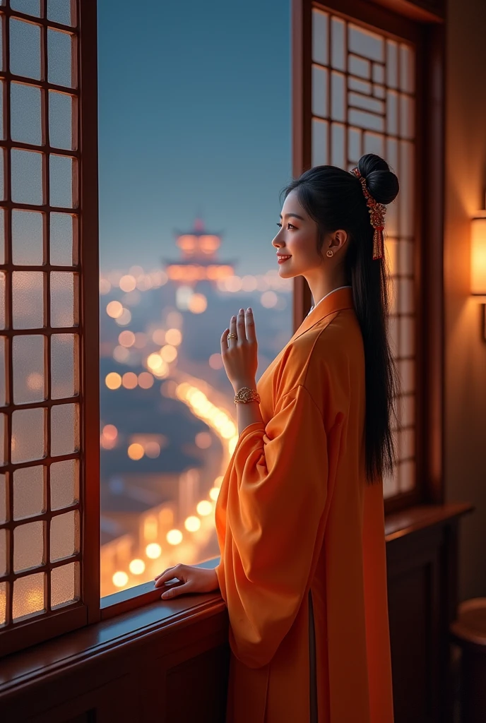 A beautiful young woman with a sweet face and a beautiful smile, wearing an orange dress that covered her face, full-dressed like a Han Fu Dynasty official, stood by the window in a high-floor room, looking at the night view of the capital city in the inn. The atmosphere of the light from the lamps in the houses, the atmosphere of the capital city that was decorated with luxurious patterns according to the era of the great dynasty.