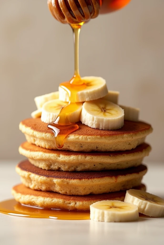 Oatmeal Pancake: A stack of oat pancakes garnished with banana slices and a drizzle of honey with nothing in the way