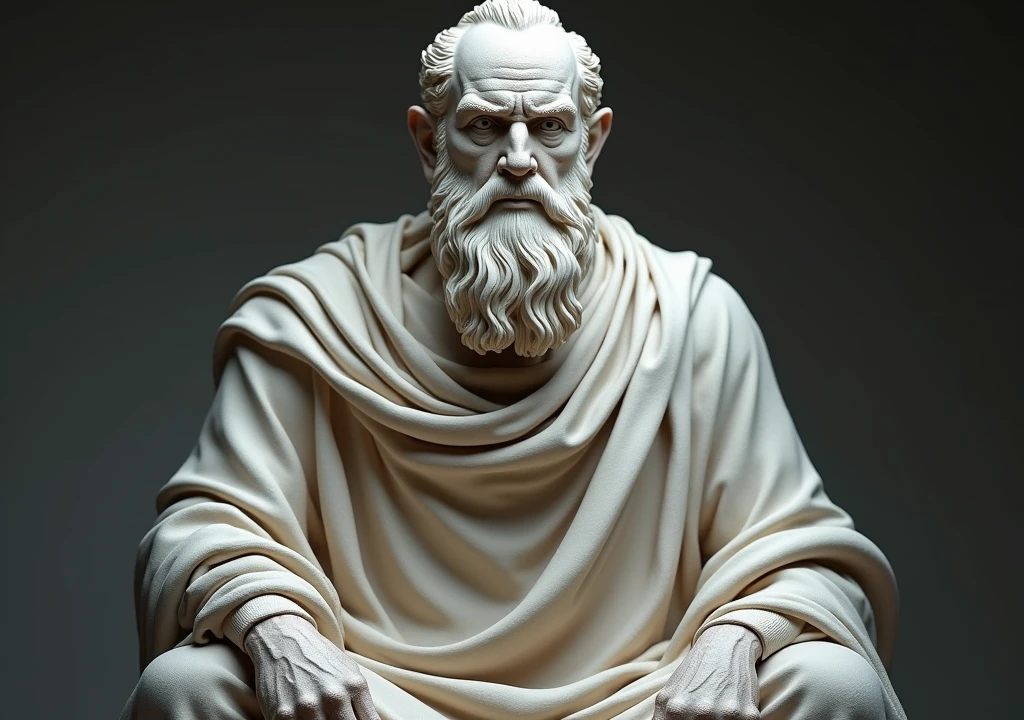 stoicism, motivation, stoic marble statue, calm, sitting, robe, long beard, aged, full body, hyper-realistic, 8k, incredible, beautiful, frightening,
