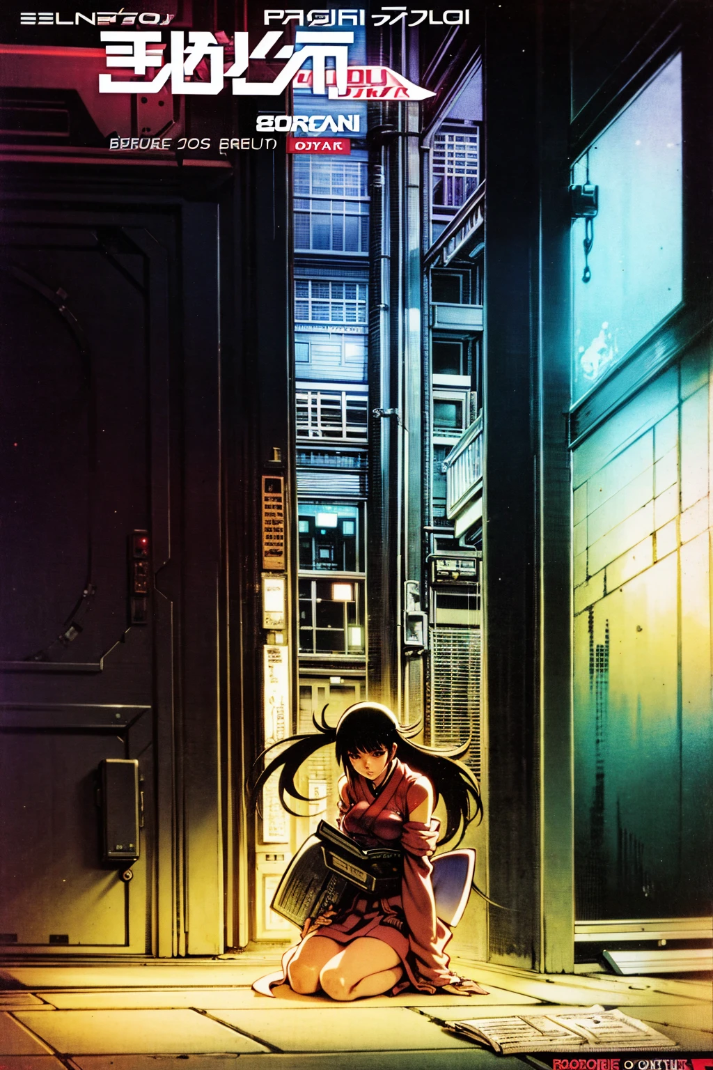 cyberpunk book cover. bioware girl in japan future city street