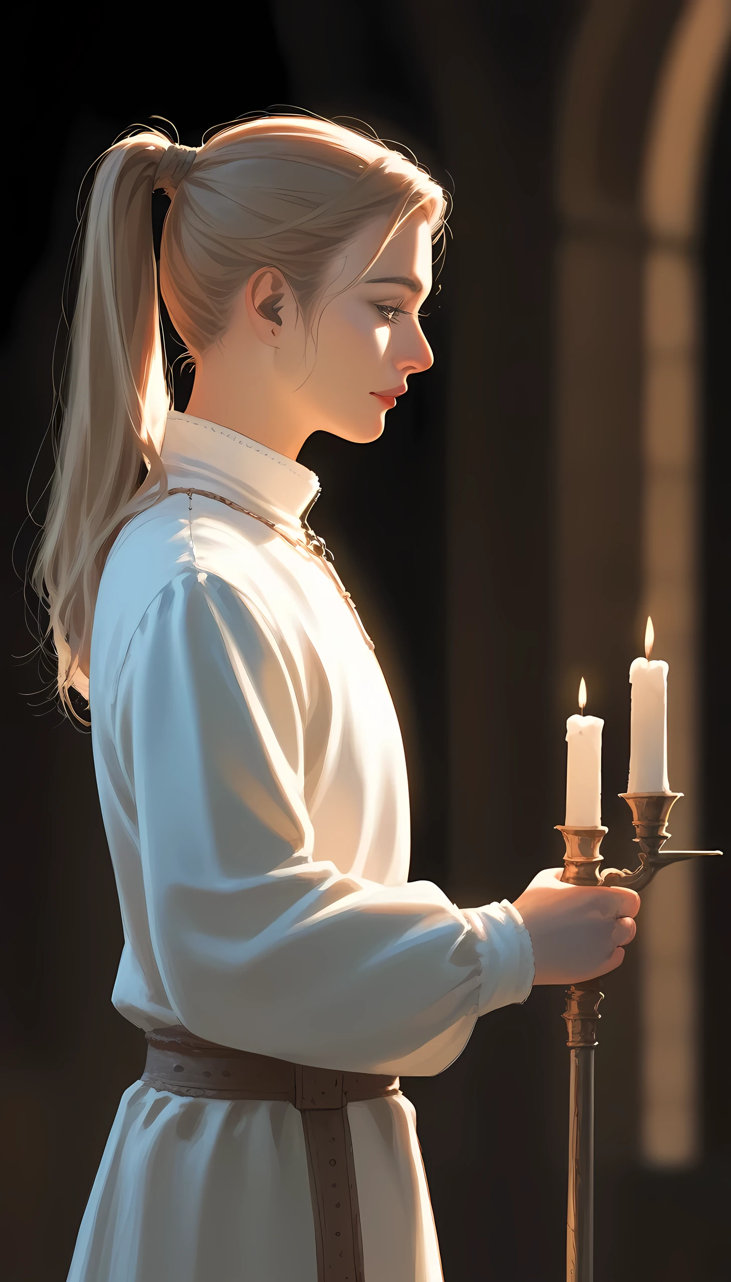 1girl, cleric,ponytail, medieval fantasy art, cinematic lighting, intricate details, warm color palette