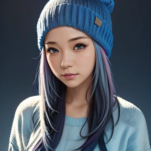 Illustrator, anime , Realistic ,sketch , 1 person, ,lip, Knit cap, sweater,order, Blue gradient background, Neon Hair,Texture Trim, Canadian, (masterpiece,Highest quality) Cancer
