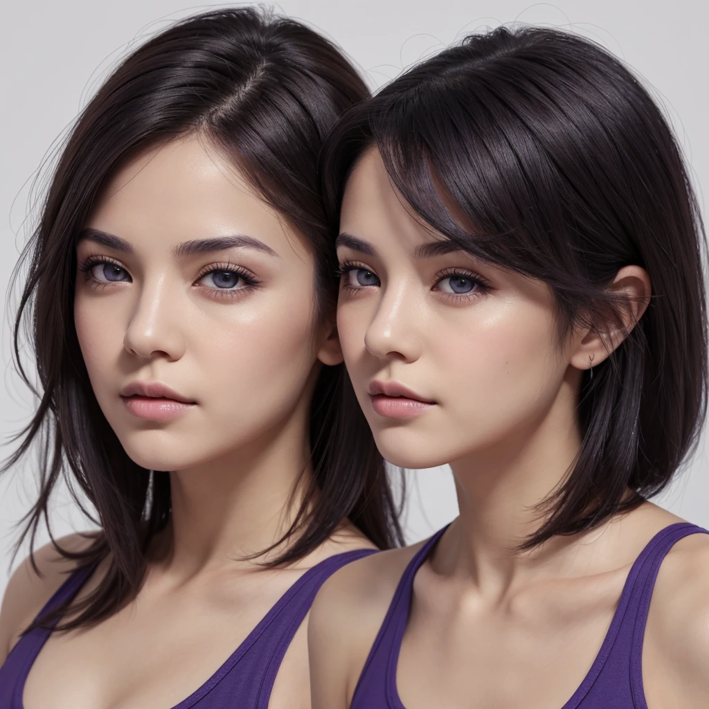 (masterpiece:1.2), (best quality:1.2), almond grey eyes, athletic face, 1girl, mature female, medium dark purple hair, wearing tank top, white background