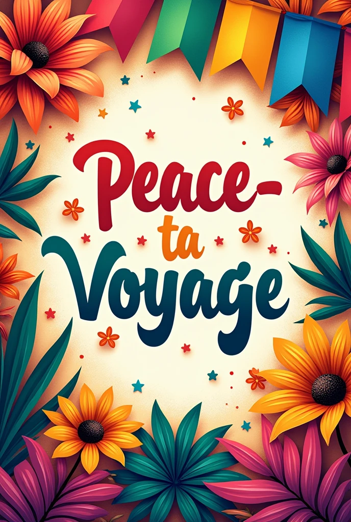 colorful and bright poster with design of fiesta, banderitas includes color red, yellow, blue, pink, orange, green, purple with title of peace-ta voyage, peace inspired