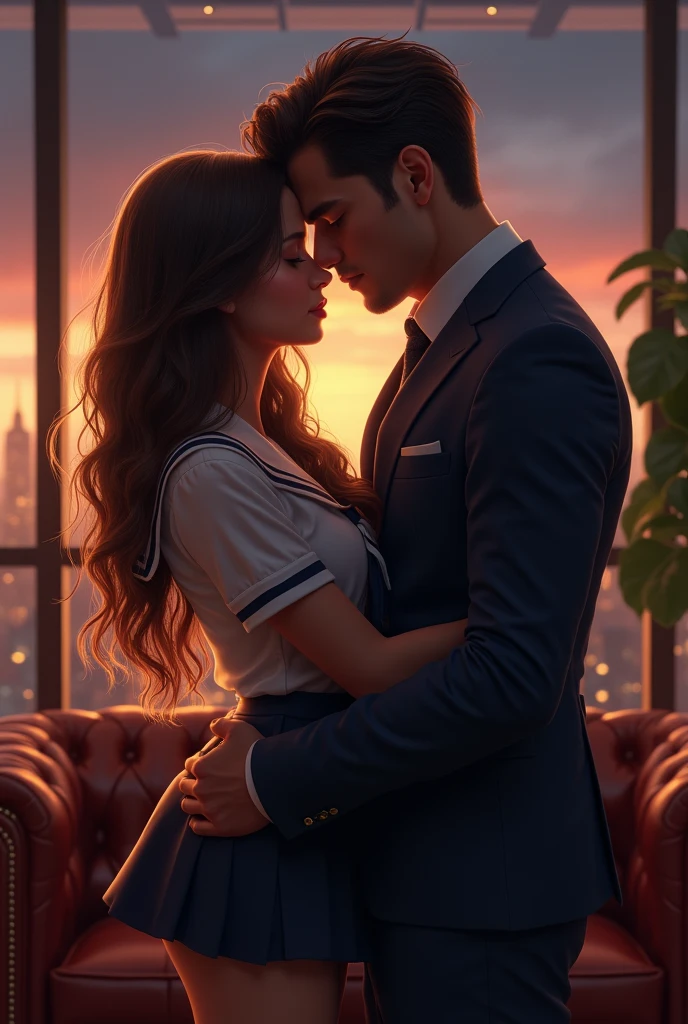 A handsome CEO with his beutiful girlfriend,who is on her highschool hot uniform romancing together with him in his luxury office at night.
While he carefully romantically falls down her hair., laege breasts, Hug from behind.