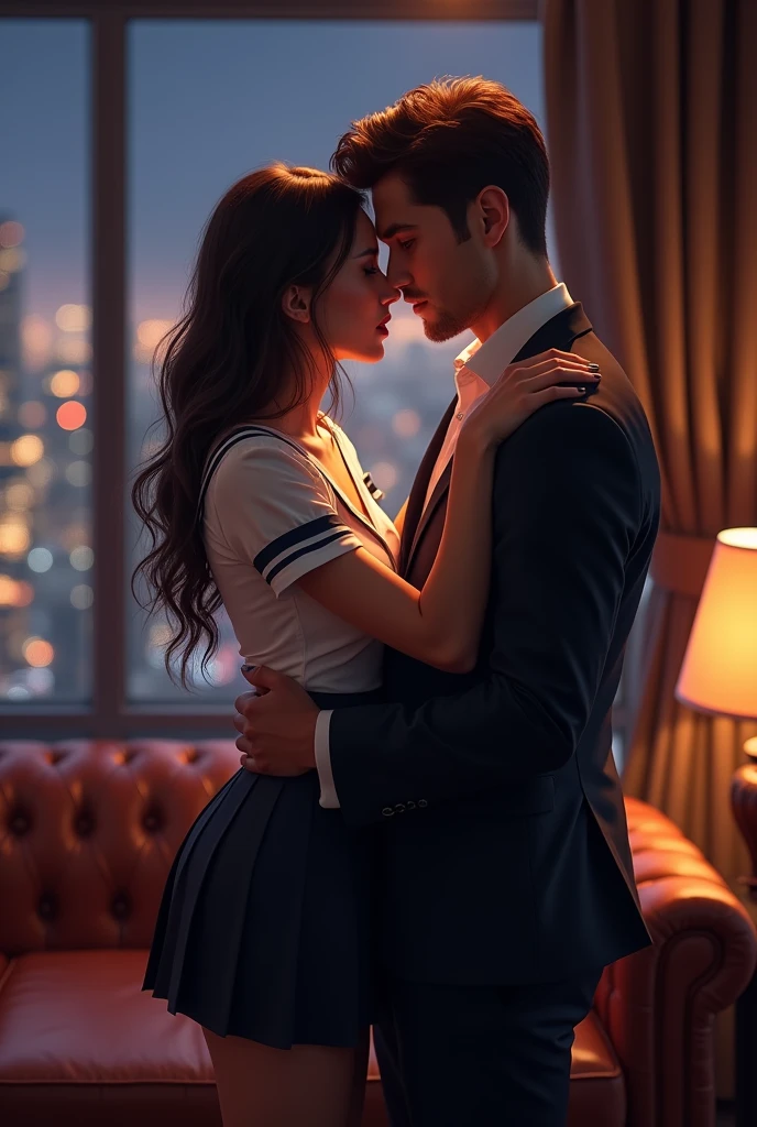 A handsome CEO with his beutiful girlfriend,who is on her highschool hot uniform romancing together with him in his luxury office at night.
While he carefully romantically falls down her hair., laege breasts, Hug from behind.