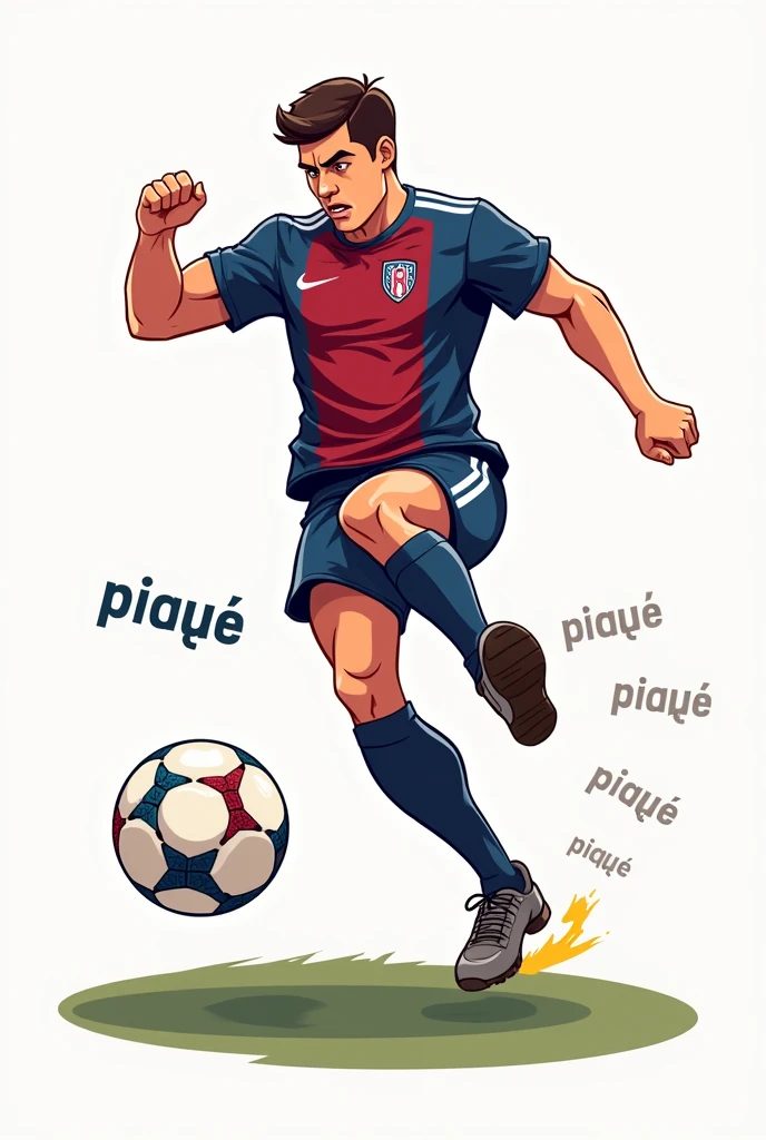 Piqué kicking a football  in cartoon model for a logo.use blue, red ,maroon colour.add the text PIQUEX3

