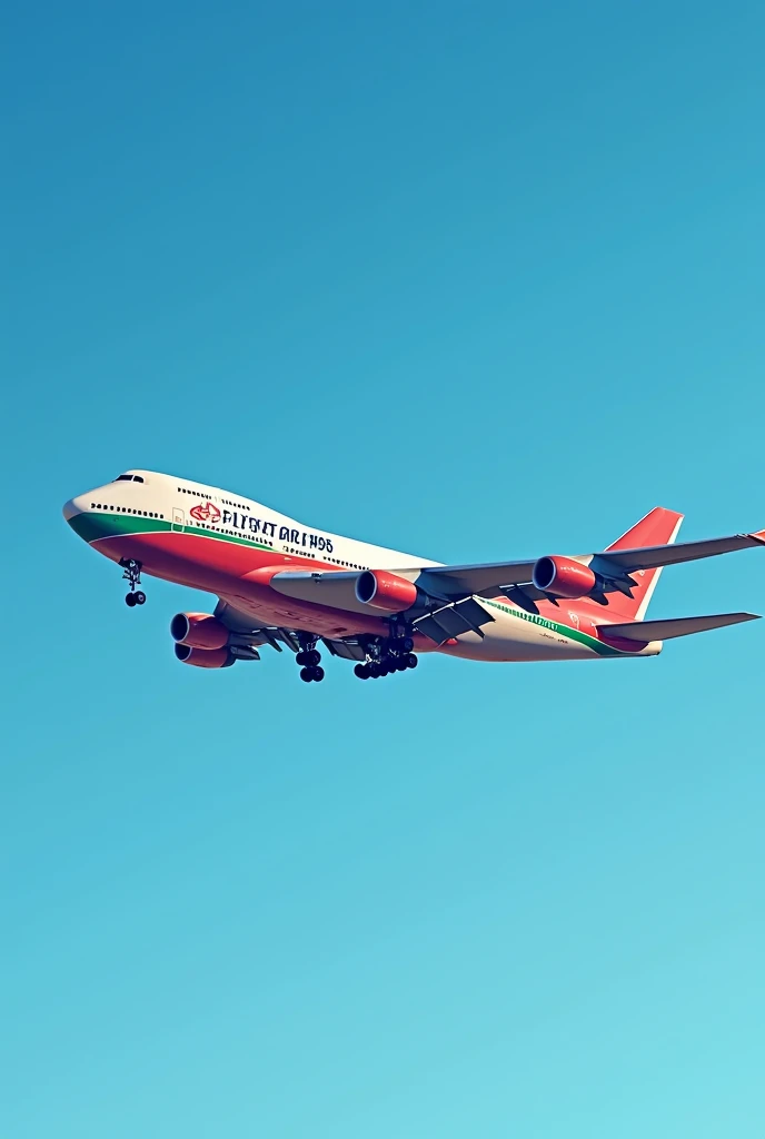 A Boeing 747 with the text “Elyment Airlines” on it and the plane is red white green and blue and is not a cargo