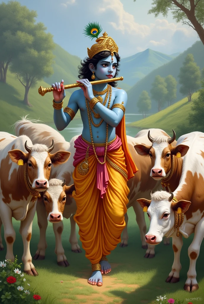 Create load Krishna image with 7 cows with flute