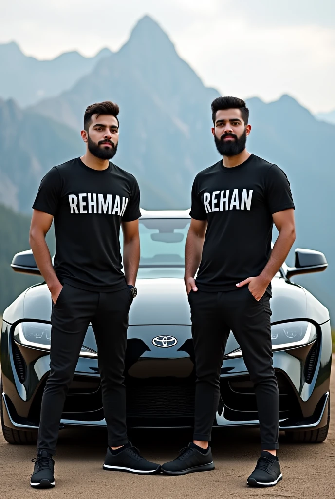 Two Young guy stand with Black supra and First guy name Rehman Printed and have black t shirt And Rehan Name printed On Guy T shirt with white text and Background Is Mountain Top And Guy Have Sunnat beard and guy have black pant and black sports shoes