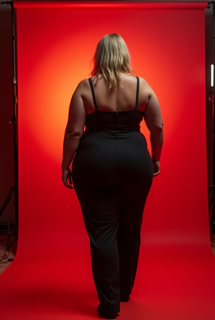 A 2 obese fat pale blonde blue eyed woman 40 years wearing a fit jumpsuit, proffessional light, photostudio with led red color, photo from the back