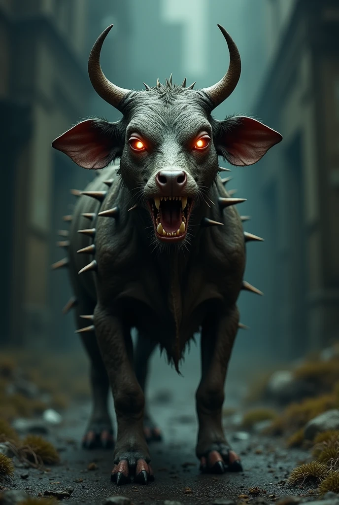 half face evil dog , cow thorn , small dog body, small ear