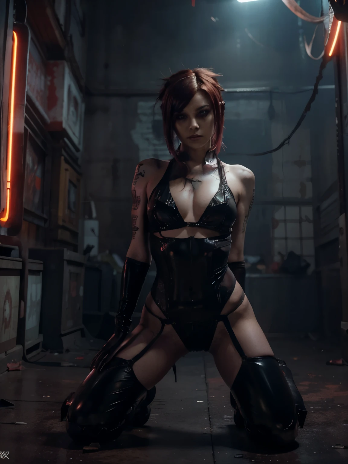 (Best Quality,hight resolution,Masterpiece, full body shot:1.2),Ultra-detailed, sexy cyberpunk woman wearing a very tiny g-string thong and a bruised top,sickly,standing in a creepy cyberpunk alley, she has robotic parts, red neon lights, horror sci fi, she's wearing a high waisted g-string thong, posing with legs wide open, sensual pose, she's posing with her legs spread, sexy and creepy, open legs, robotic body parts, perfect body, horror aesthetic, looking at the camera, very sexy leotard, gloomy ecstasy,fetish,dark gloomy atmosphere, creepy atmosphere, gritty texture,Retro-atmosphere,warped reality,melancholic expression on their faces,mysterious aura,foggy atmosphere,foggy background,red color palette,provocative pose,Strong emotions,Coming Out of the Depths of Despair,Piercing gaze,intense shadows,Plunged in Darkness,dark industrial aesthetic,ominous vibe,A supernatural sensation,Loss of Place in Time and Space,Eerie silence, red neon lights, haze, red lights in the background, mohawk haircut, red hair, punk style.
