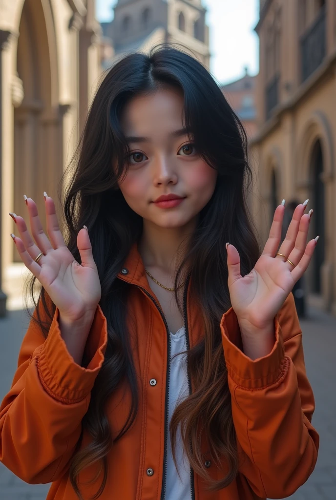 Background Gothic_cathedral Monte do Gozo Santiago de Compostela, 1 girl, long shot, put the both hands up, perfect hands,and only 5fingers):1.33, Her name is ZENKA, college school student attending AMD Academy, 20yo, (detailed brown eyes, jet-black middle hair,colored inner orange ombre hair multicolored hair):1.33, little wavy, [tied tail_hair], (and her sharp-long eyes are brown,eyebrow):1.33, in tourist_backpak_style, Her image colors is RYZEN's image colors : orange, black, and white, repaint jet-black semi-long hair, (serious, playful, emphasis on facial expression):1.1, (ethereal lighting, ray tracing):1.3,