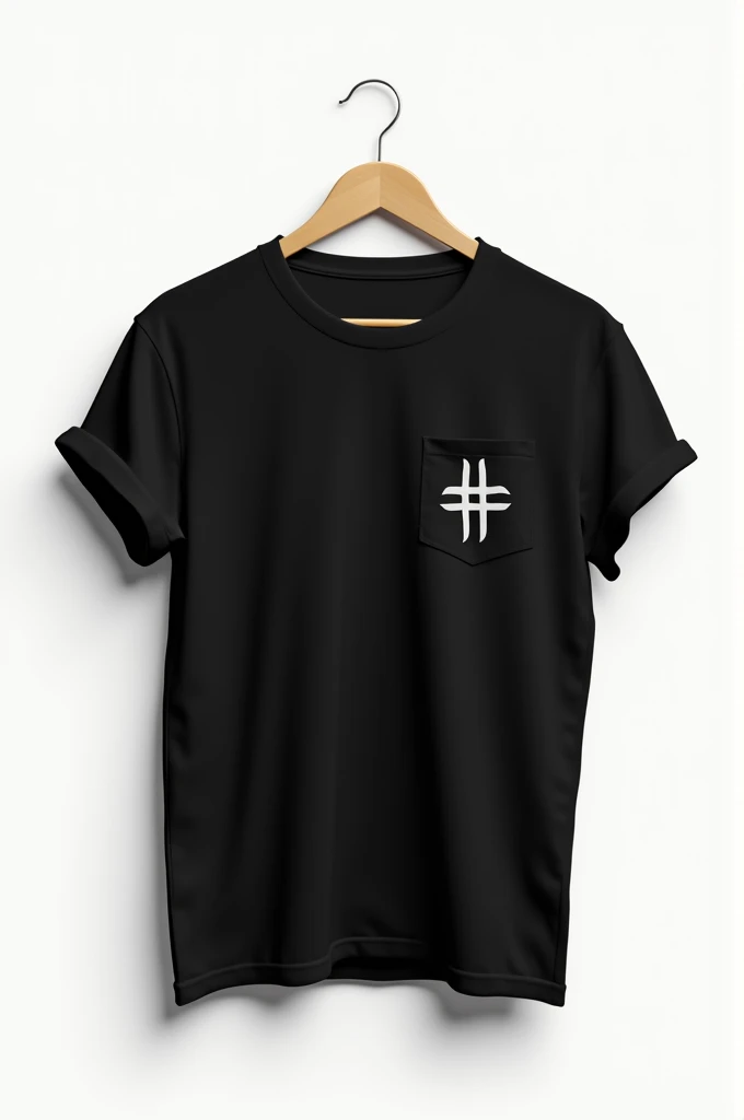 Create a black cotton t-shirt hanging on a hanger, featuring a front pocket. The shirt is designed with an aesthetic Hindu swastik logo. The swastik symbols are elegantly placed across the shirt on a white background, with balanced and artistic positioning. The overall look should be clean, modern, and culturally resonant, with a soft fabric texture visible