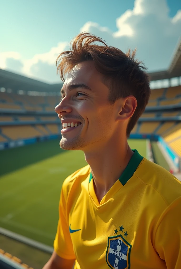 an  Brazilian football player with the image of the Morumbins stadium in the background, brown hair, short hair, light smile, Futurism, modern, cinematic lighting, three sided view, from above, award winning