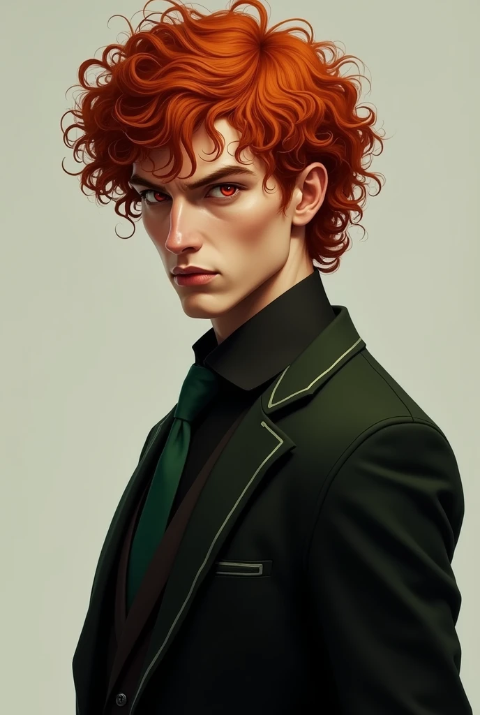 Serious 1, curly, red haired guy with red eyes. Standing in profile, and the gaze is directed at the camera. Wearing a black shirt with a green tie, and on top of the shirt is an unbuttoned black suit with a green line in the collar. Realism.