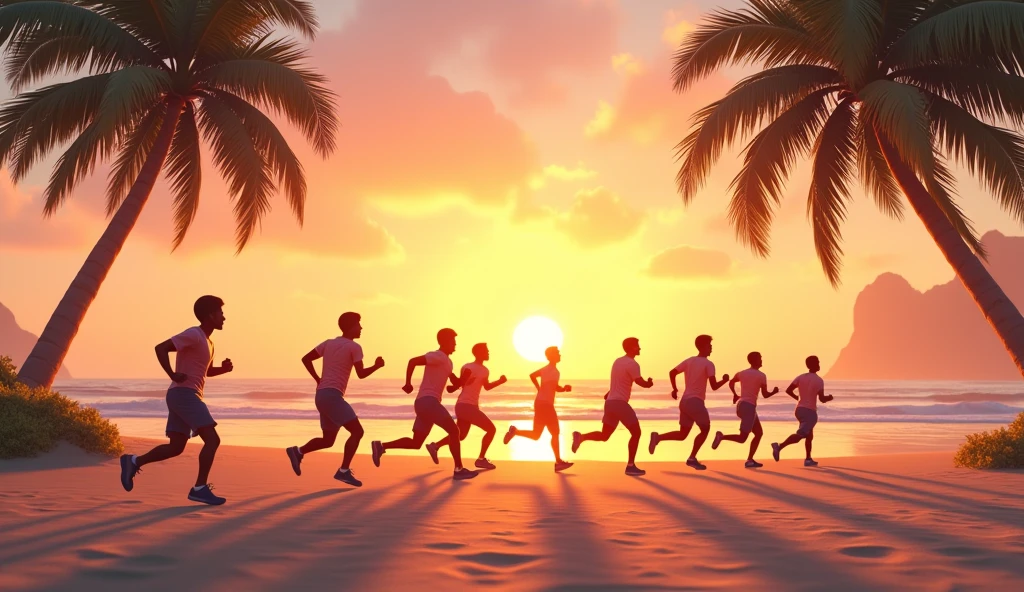 Create a horizontal background on the beach where you can see a sunrise at sea, palm trees and on the sand in the distance there is a group of adults in sports clothing running in a platoon. It must be an animated image.