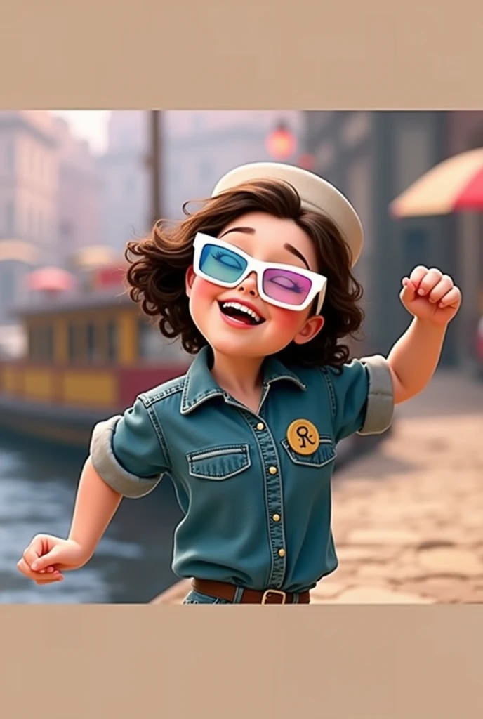 Imagem estilo pixar com óculos de personagem 3D azul morena mulher cabelo c curto dançando, Disney makeup,fisherman, cute, smiling ,close up, pixar, Disney, Cinema lighting,