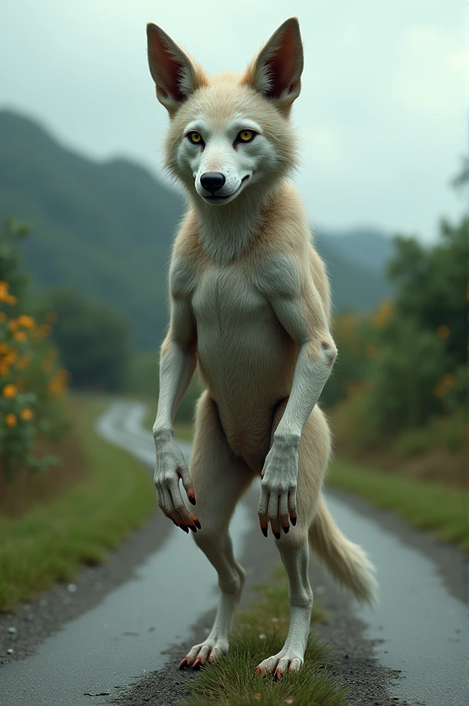 YiffyMix realistic fox. White fur. Human body.