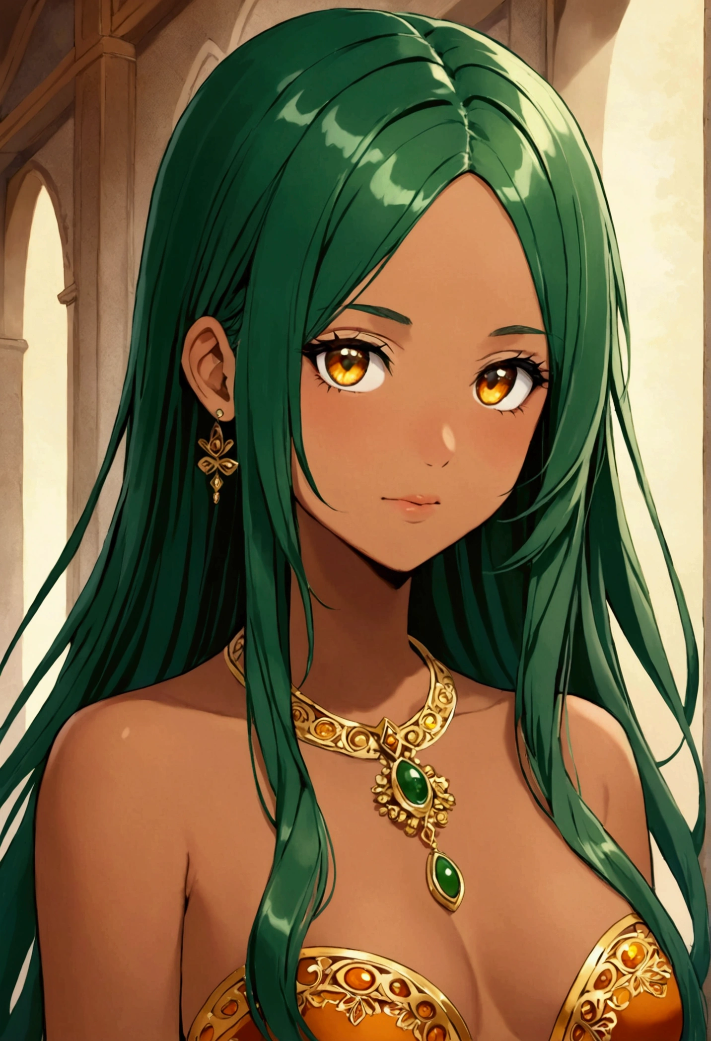 Girl with amber eyes, long dark green hair with middle parting. Tan skin.
