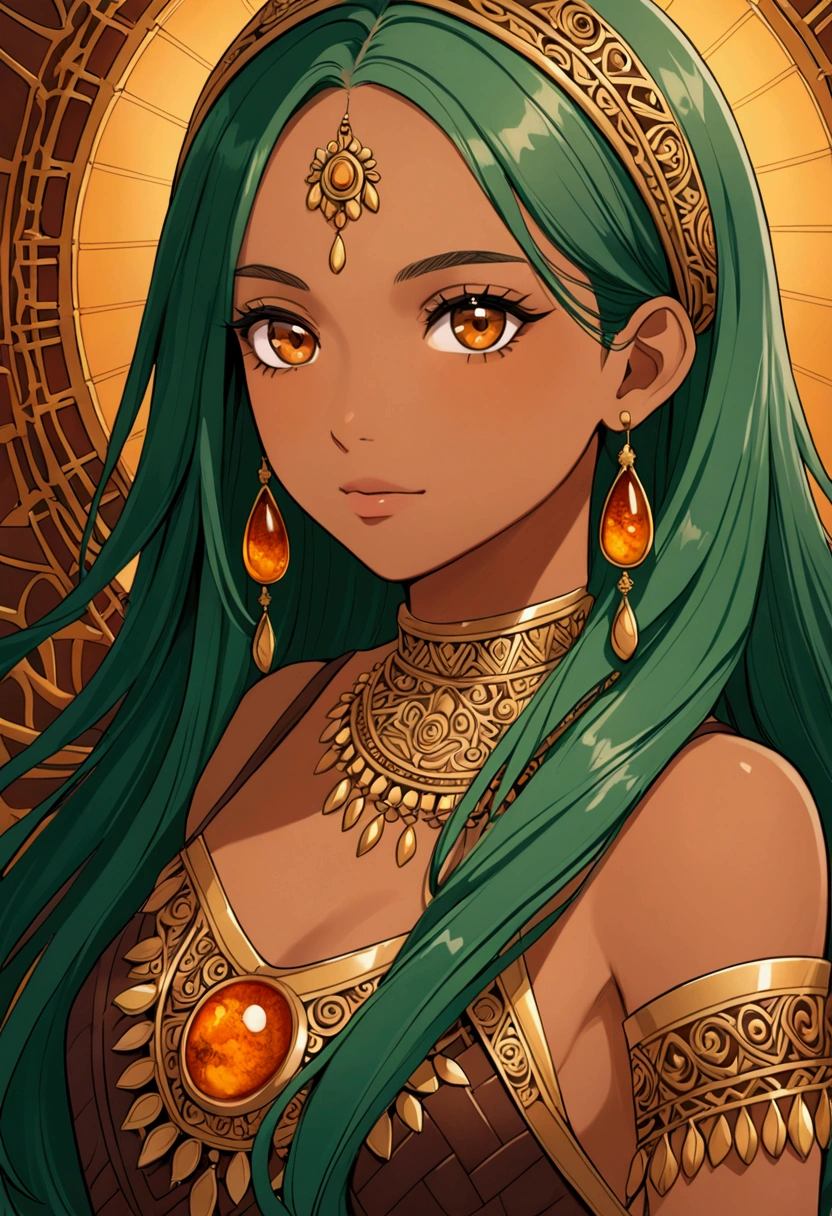 Girl with amber eyes, long dark green hair with middle parting. Tan skin.