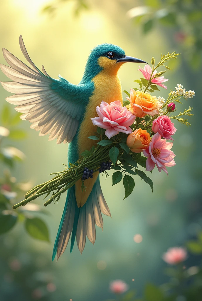 A bird carrying a bouquet of flowers