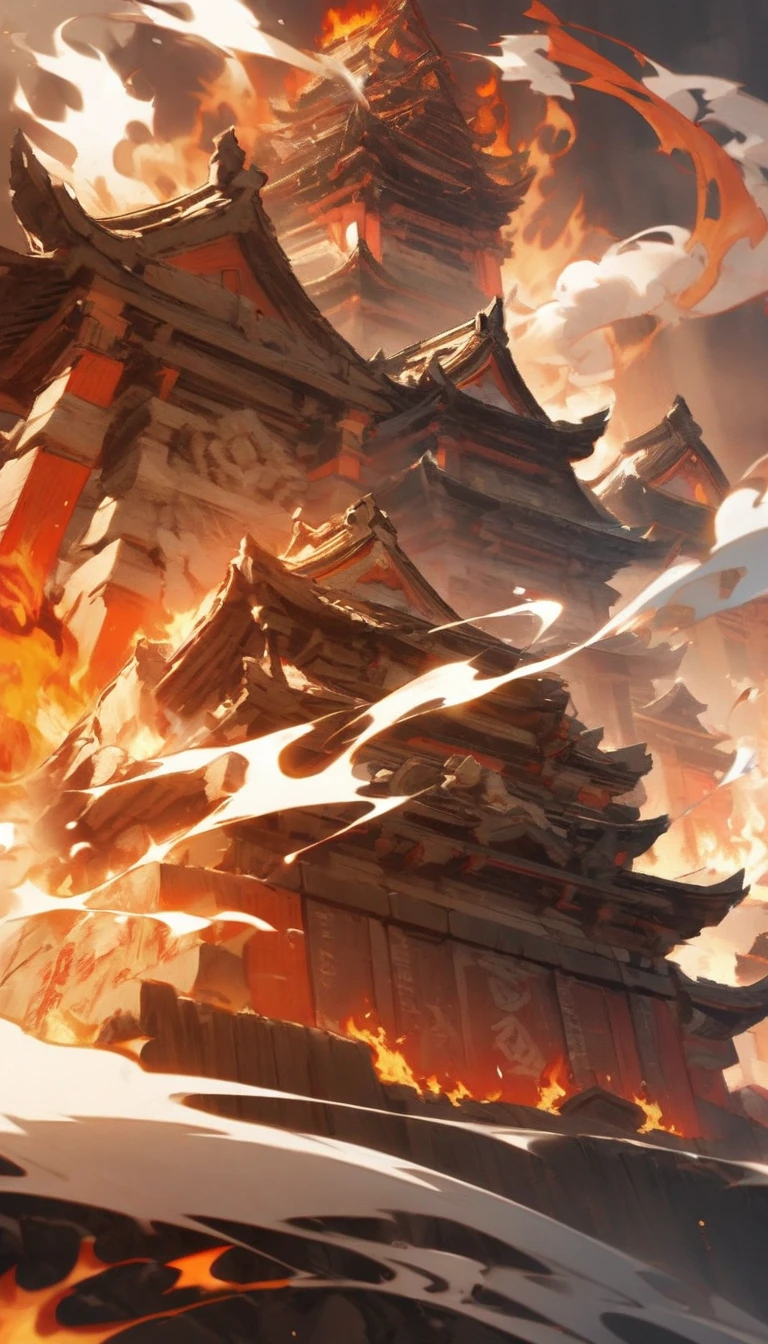 Burning temple scene。As Honnoji Temple burns、The confused warriors。Background with rising flames and smoke