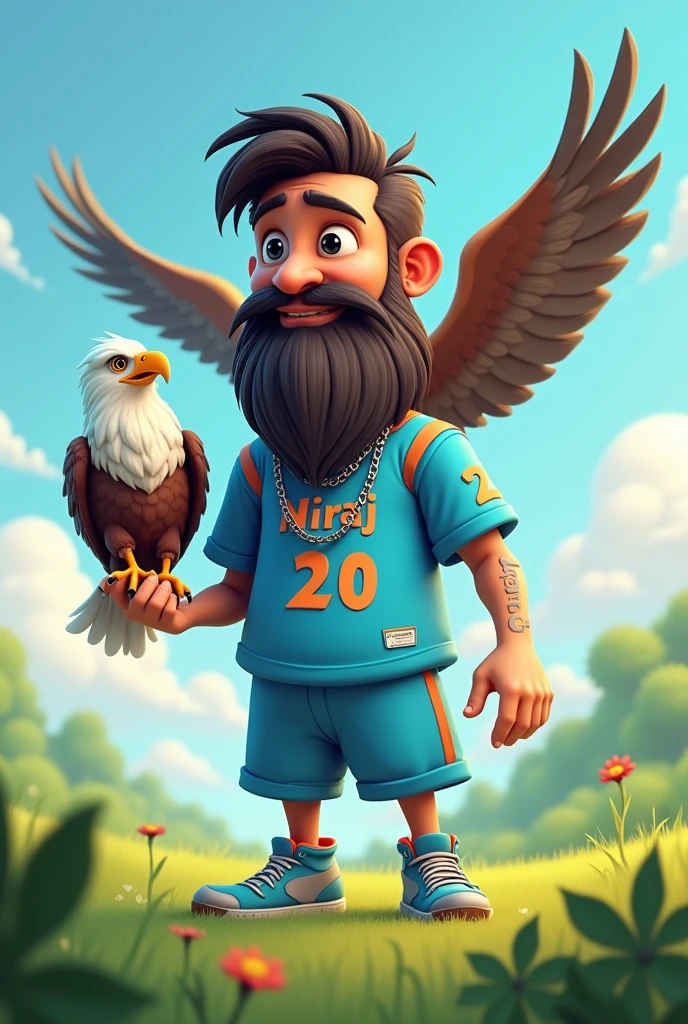 A 3D cartoon of 20 year beard boy wearing sky colour jersey and  silver colour lower, standing in a green field, write Niraj on his dress, wearing a silver chain in his neck, a eagle sitting on his hand